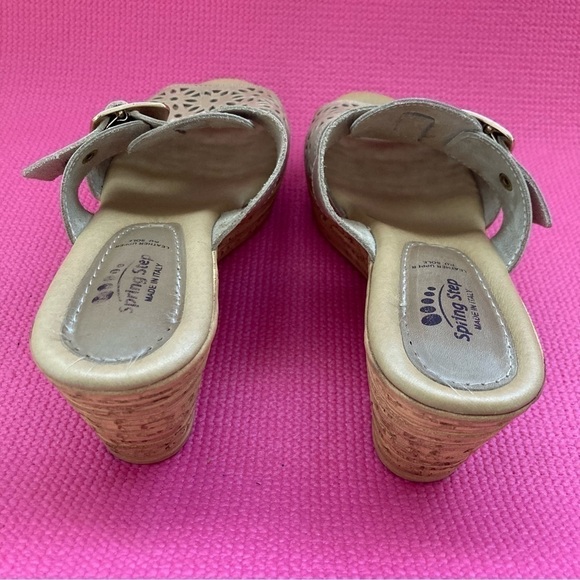Spring Step Beige Leather Cork Slide Perforated Wedge Sandals Italy  Sz 8.5 - Picture 4 of 8